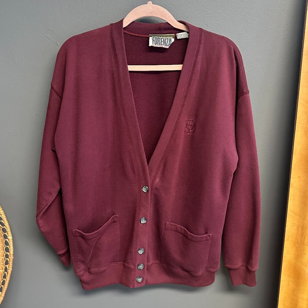 Vintage Forenza Cardigan Sweatshirt Womens Medium Burgundy Embroidered Crest Top